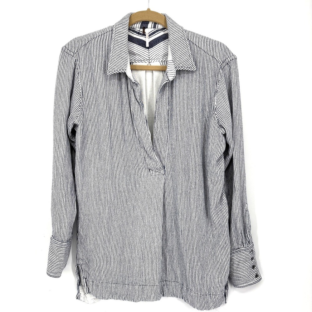 Free People On the Road Stripe Tunic Large Oxford White Blue Collared Popover